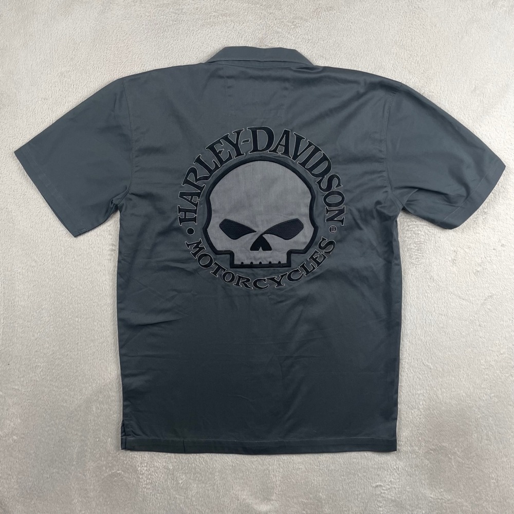 Vintage Harley Davidson Shirt Men Small Gray Willie G Skull Embroidered Mechanic